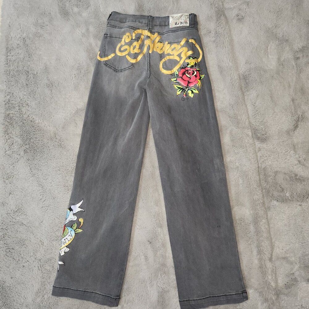 Grey Ed Hardy embroidered flare bootcut jeans Size 26 - Picture 3 of 5